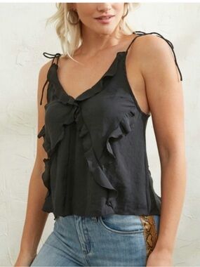 Intimately Free People Black Satin Ruffle Tie Strap Cami Top